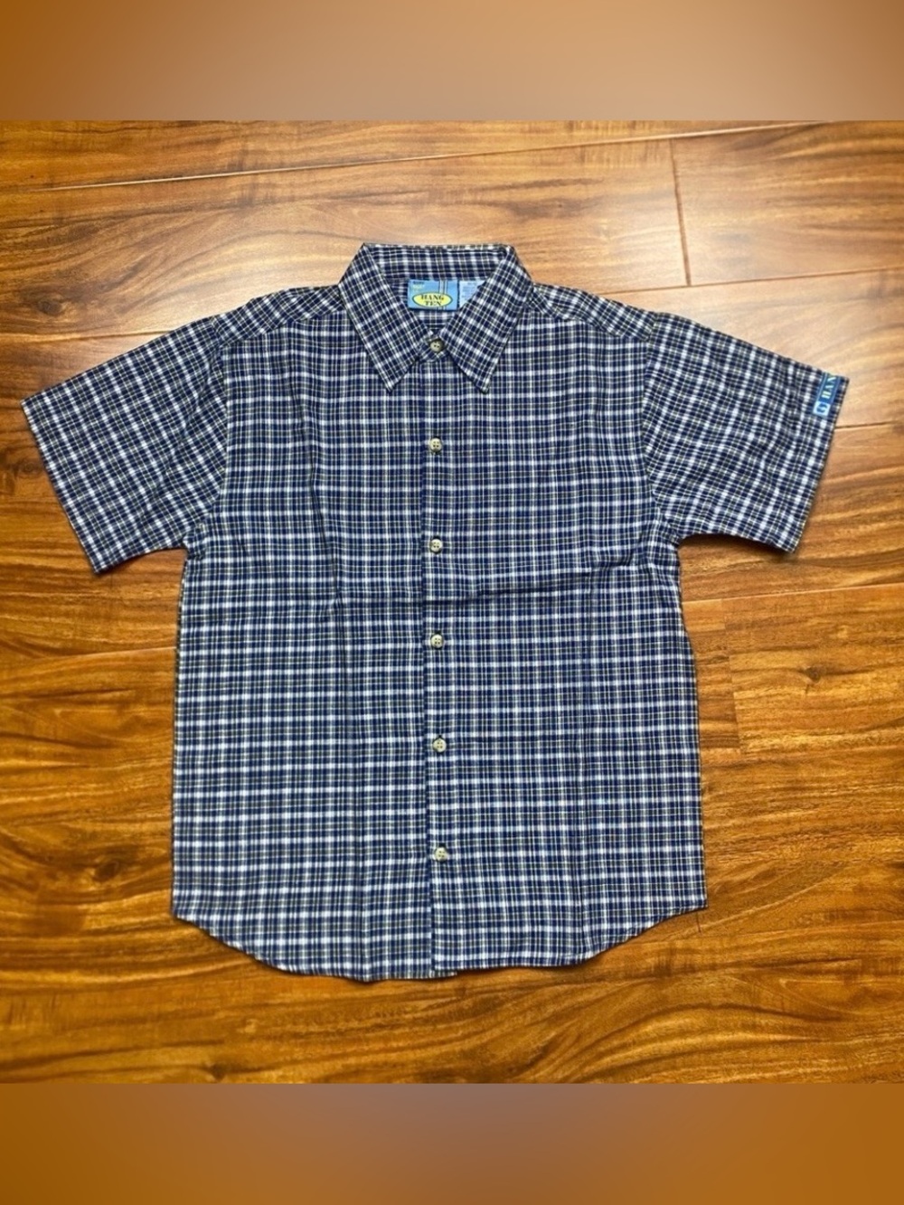 NWT New Hang Ten Boys Blue Plaid Collared Button Short Sleeve Shirt Size 10/12